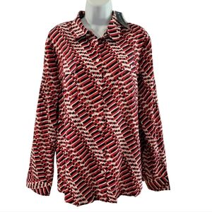Jones New York Signature Button Up Long Sleeve Shirt XL Red Navy White‎